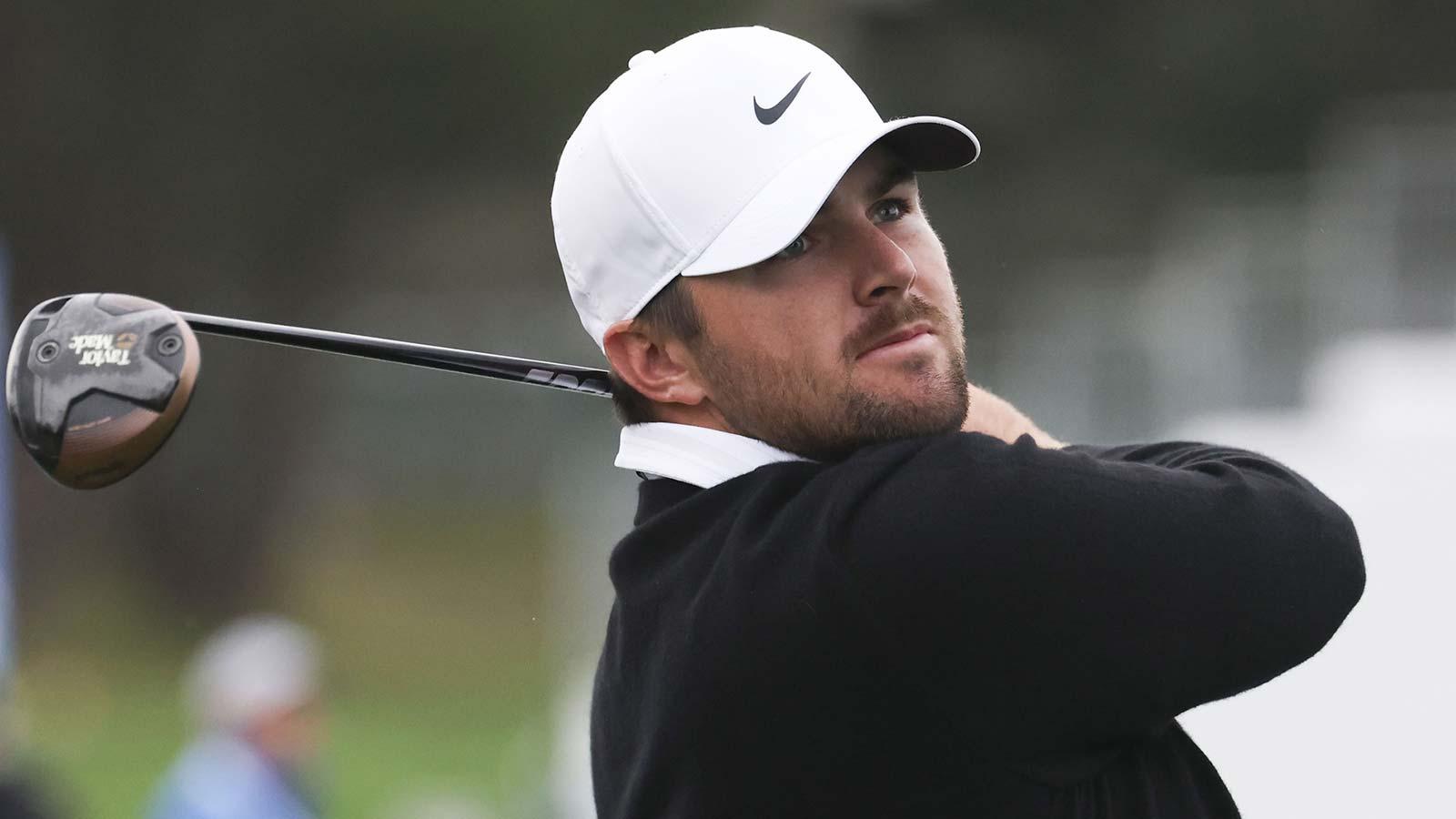 Chris Gotterup hits his tee shot on the third hole during the third round of the AT&T Pebble Beach Pro-Am golf tournament at Pebble Beach Golf Links.