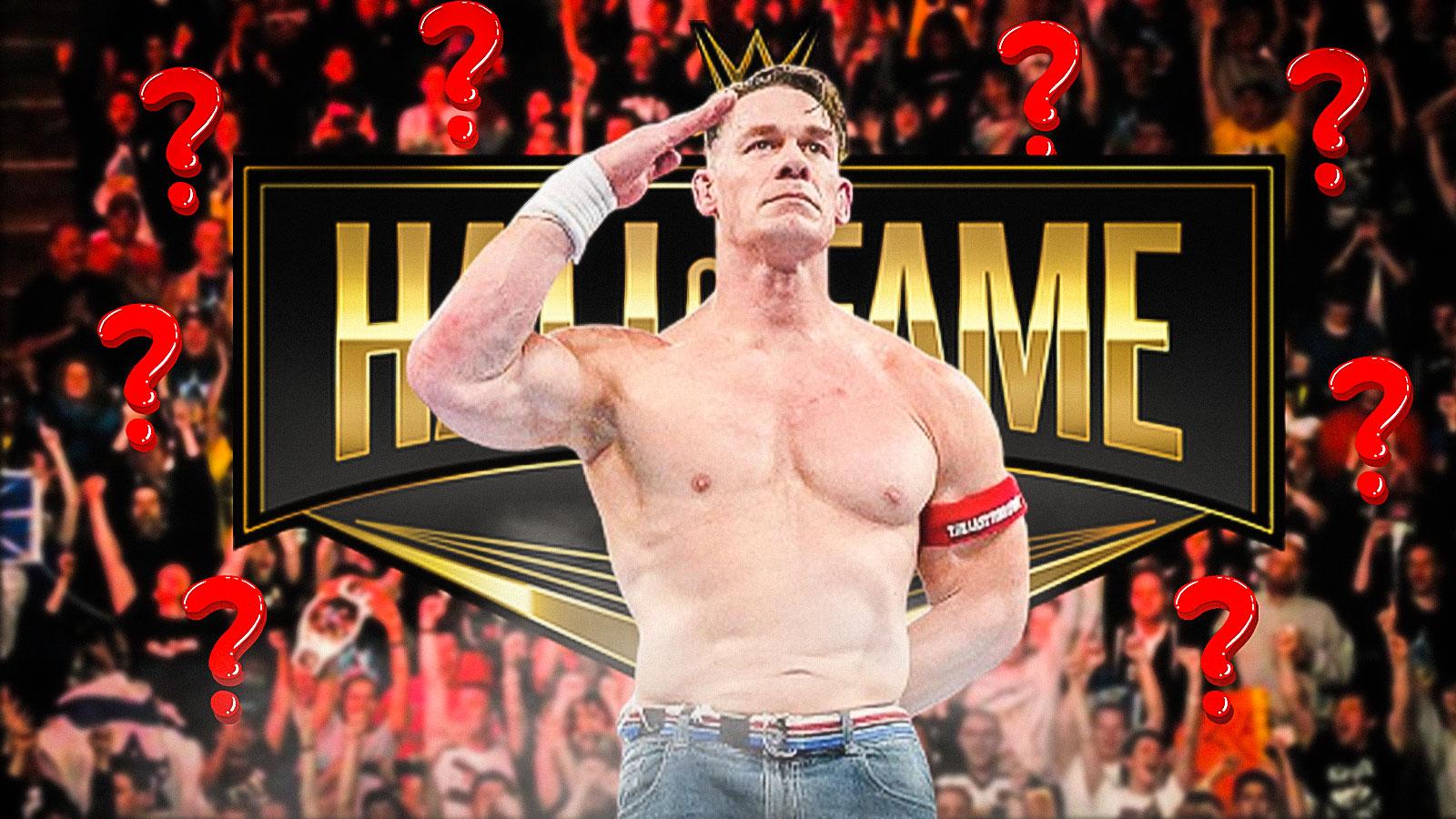 WWE legend John Cena after his retirement match with Hall of Fame logo behind him.