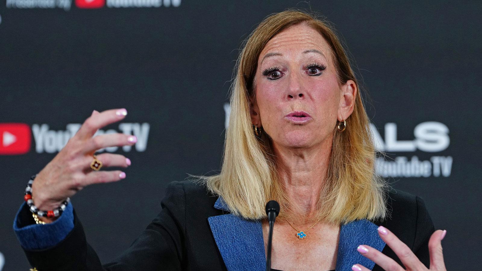 WNBA Commissioner Cathy Engelbert talks during a presser before the start of game one of the 2025 WNBA Finals between the Phoenix Mercury and the Las Vegas Aces at Michelob Ultra Arena.