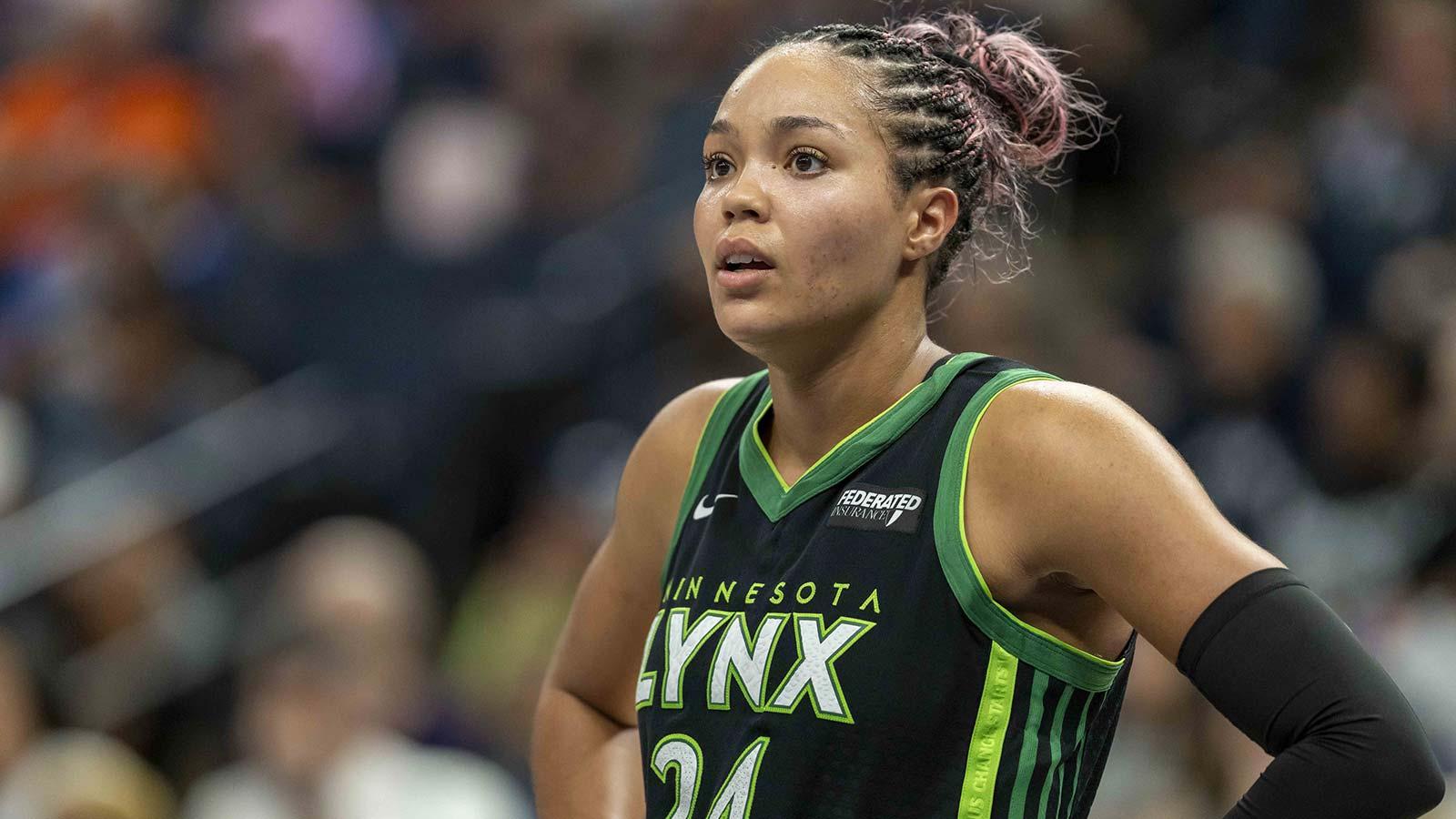 Minnesota Lynx forward Napheesa Collier (24) looks on against the Golden State Valkyries in the second half during game one of round one for the 2025 WNBA Playoffs at Target Center.
