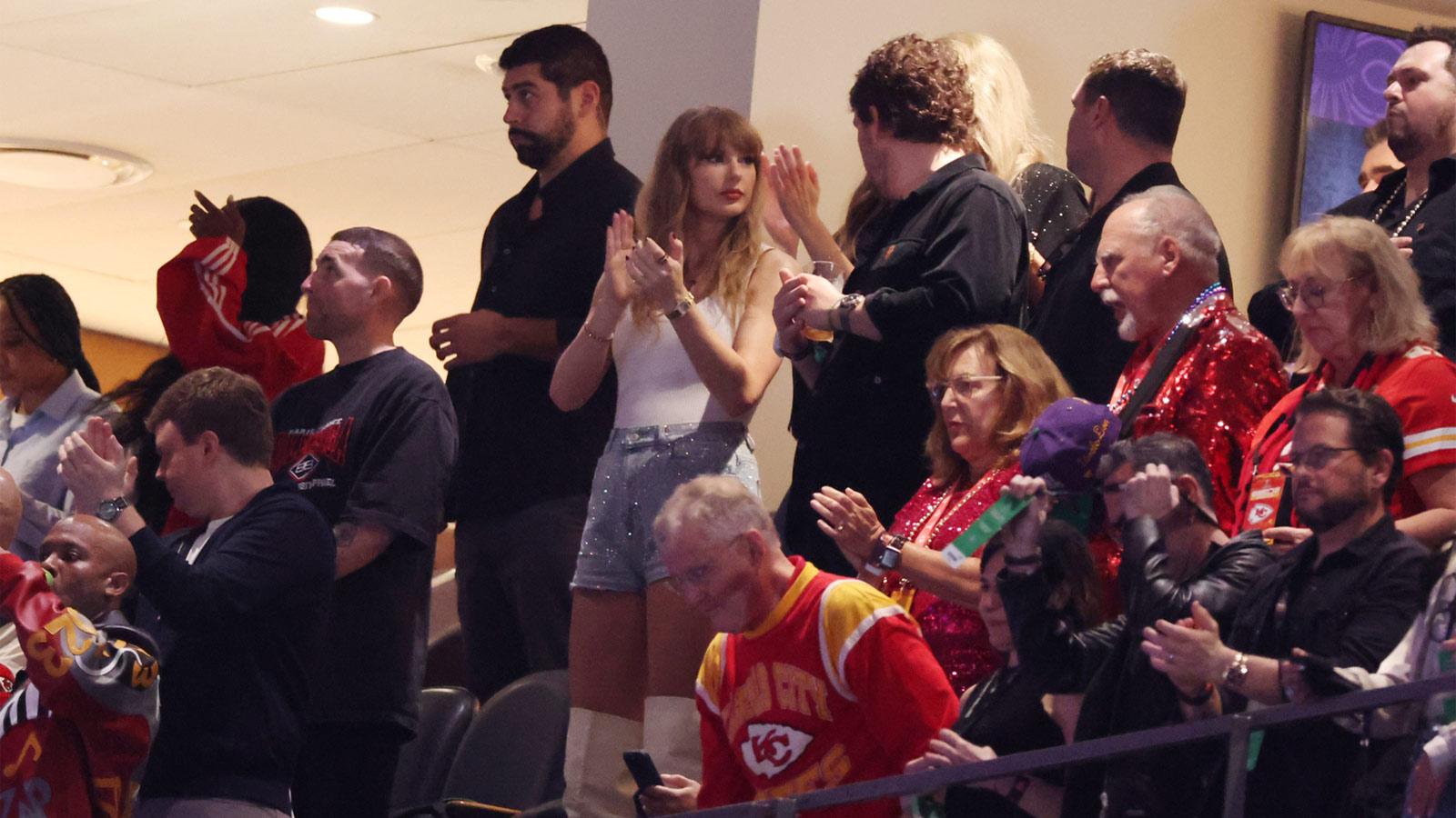 Feb 9, 2025; New Orleans, LA, USA; Recording artist Taylor Swift in attendance in Super Bowl LIX between the Philadelphia Eagles and the Kansas City Chiefs at Ceasars Superdome. Mandatory Credit: Stephen Lew-Imagn Images