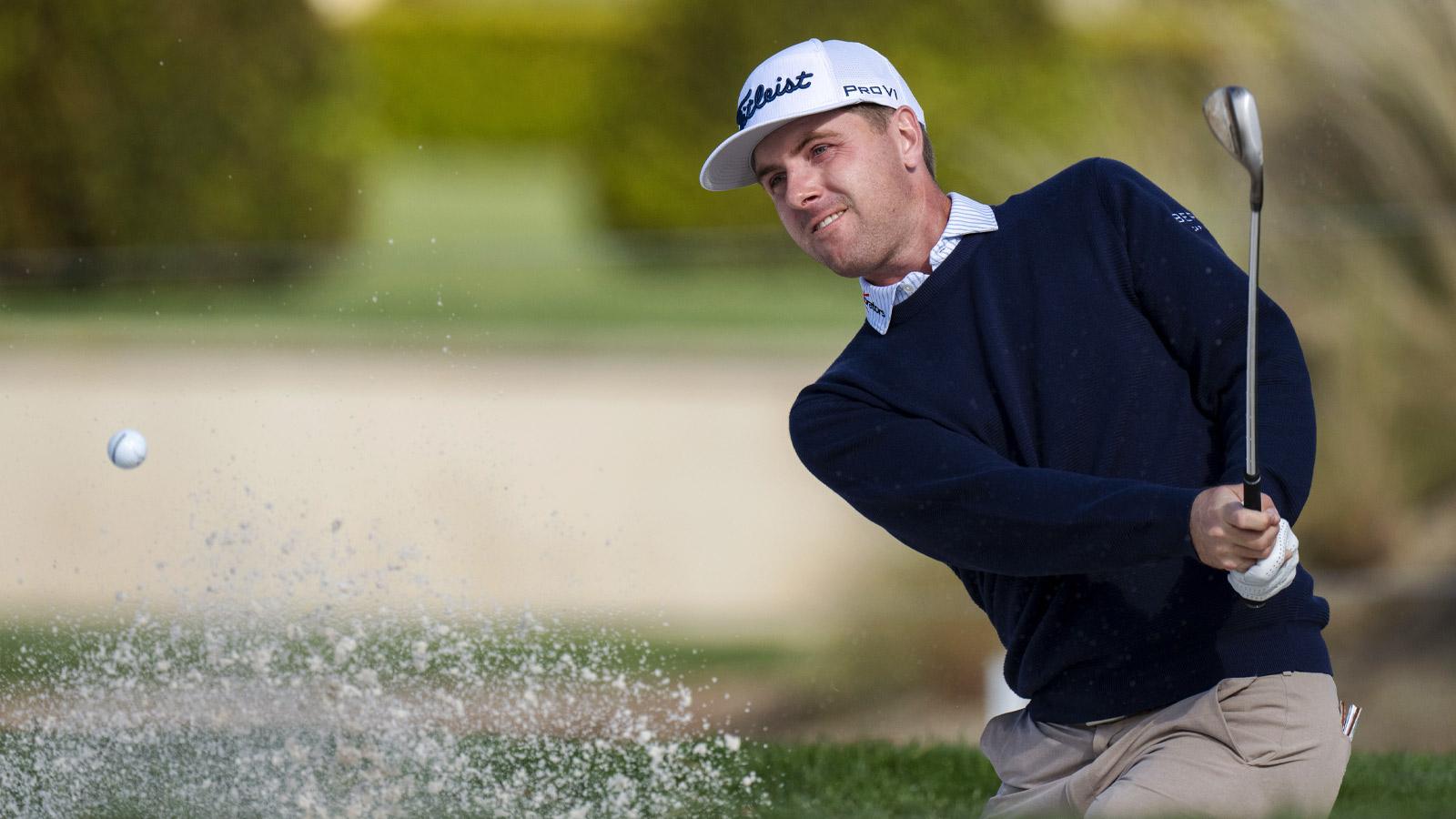 February 13, 2026; Pebble Beach, California, USA; Ryan Gerard hits his bunker shot on the second hole during the second round of the AT&T Pebble Beach Pro-Am golf tournament at Pebble Beach Golf Links.