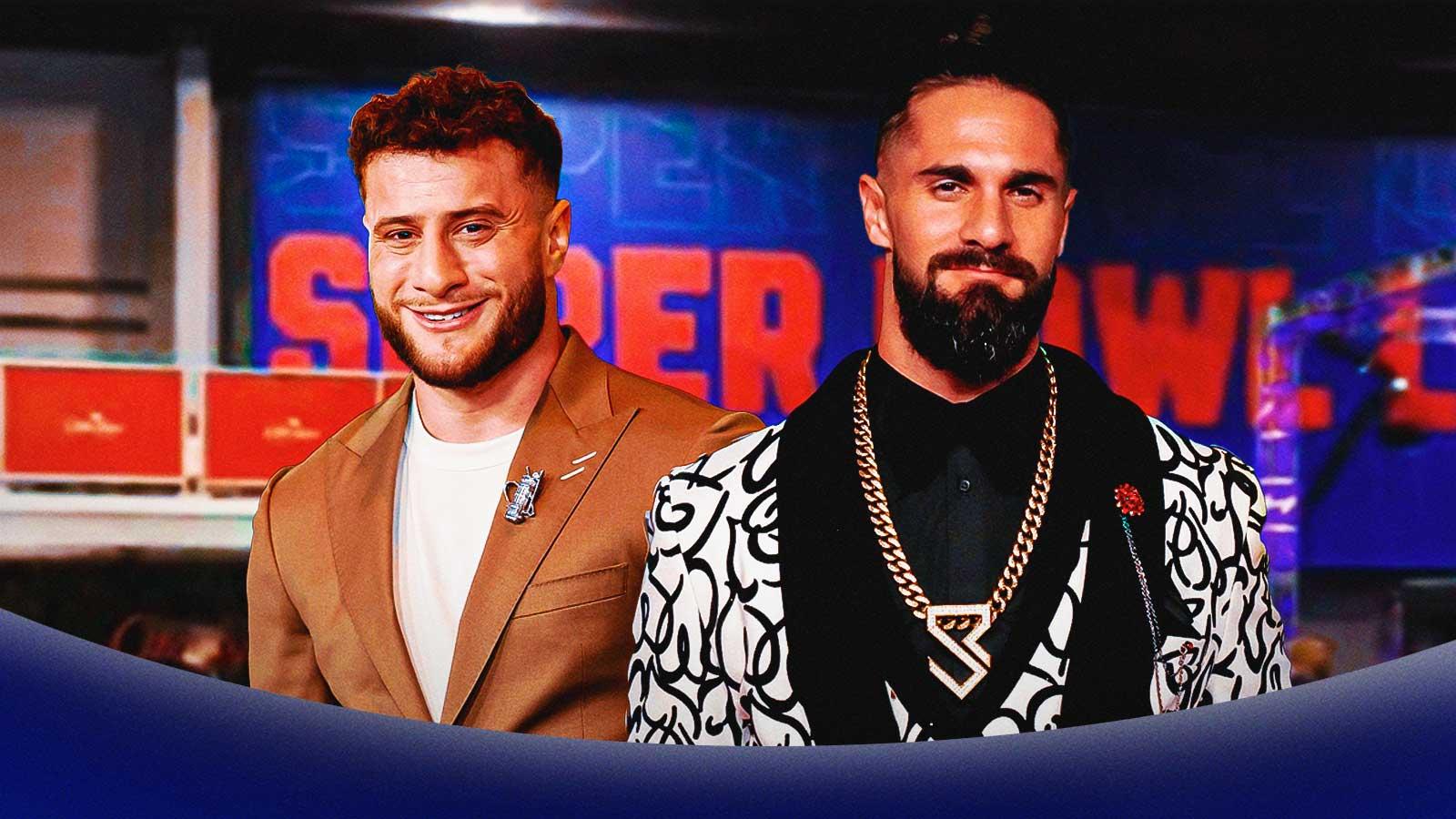 AEW World Champion MJF and WWE Superstar Seth Rollins with Super Bowl Radio Row background.