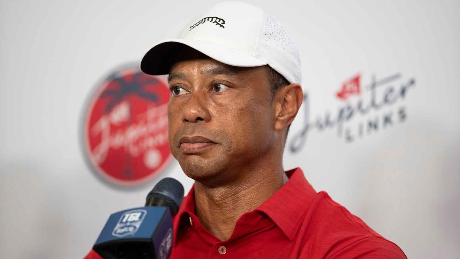Tiger Woods of Jupiter Links, answers questions from the media after a TGL match against New York Golf Club at SoFi Center on January 13, 2026, in Palm Beach Gardens, Florida.