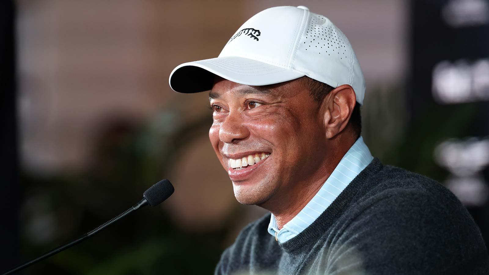 Genesis Invitational tournament host Tiger Woods speaks to the media during a press conference at Riviera Country Club.