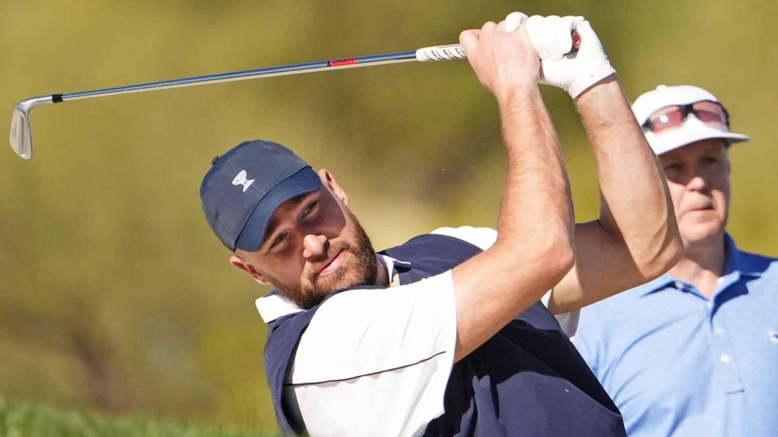 Kansas City Chiefs star Travis Kelce plays his second shot on the ninth hole during the Annexus Pro-Am at the WM Phoenix Open on Feb. 4, 2026, at TPC Scottsdale.