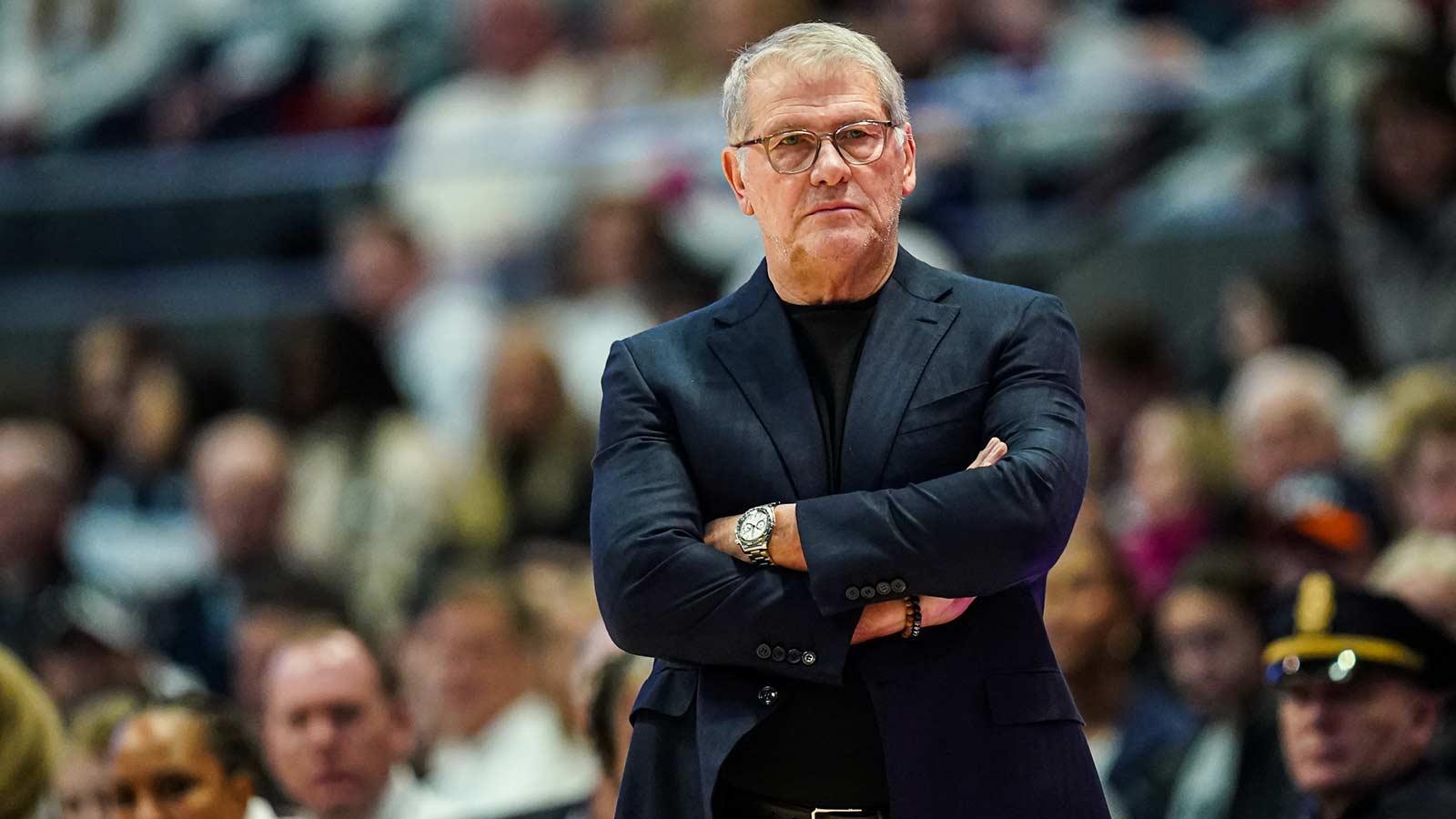 UConn Huskies head coach Geno Auriemma watches from the sideline as they take on the Tennessee Volunteers at PeoplesBank Arena.