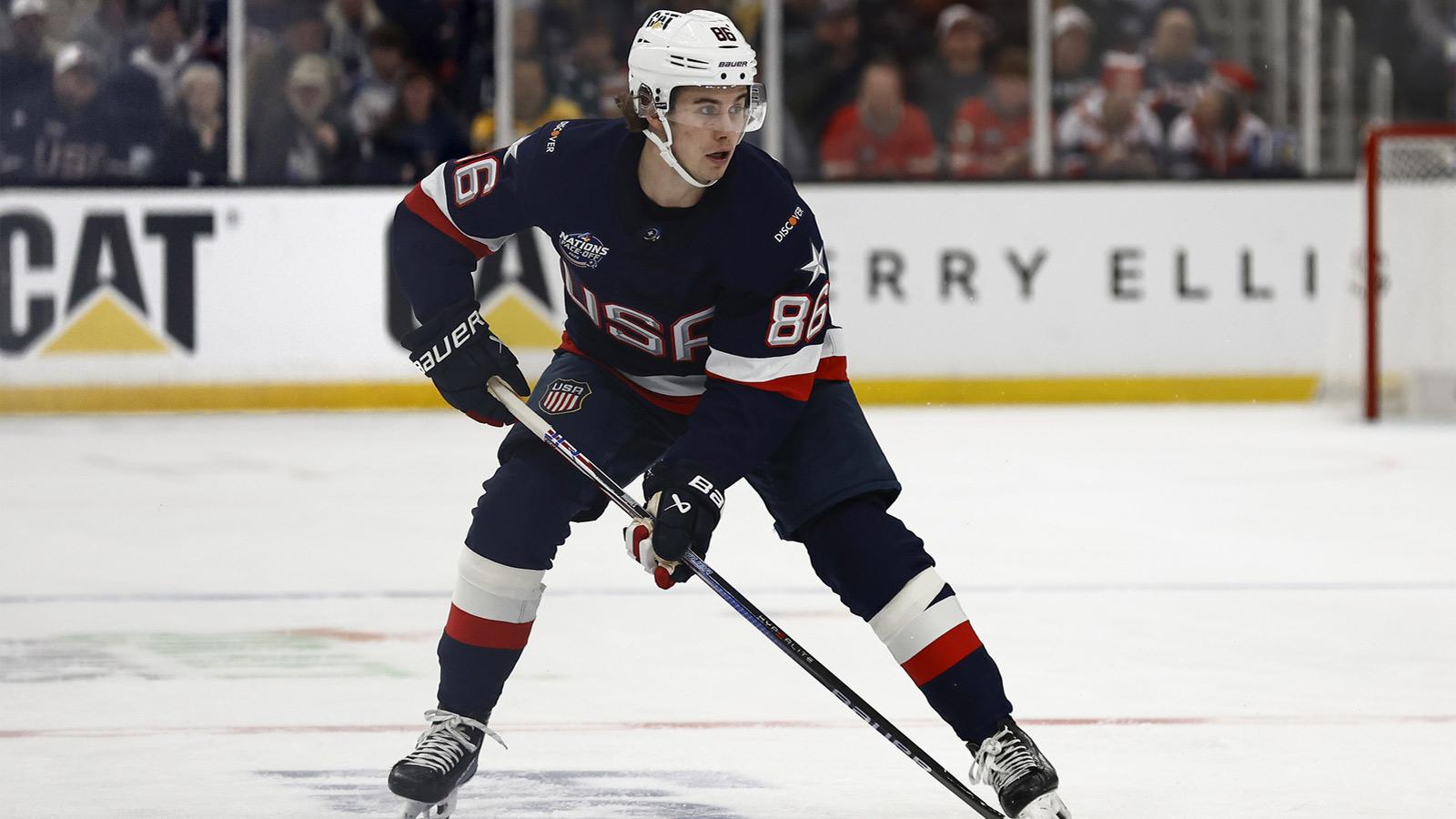 United States forward Jack Hughes (86) during the 4 Nations Face-Off ice hockey championship game against Canada at TD Garden.