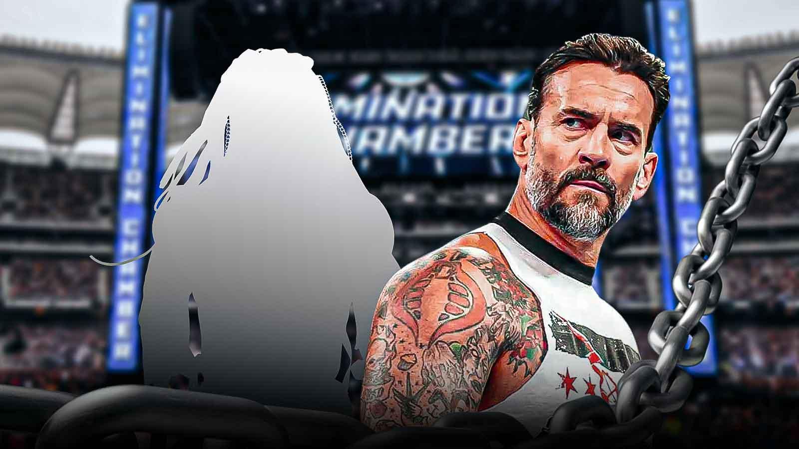 CM Punk and silhouette of WWE star Finn Balor; Elimination Chamber background
