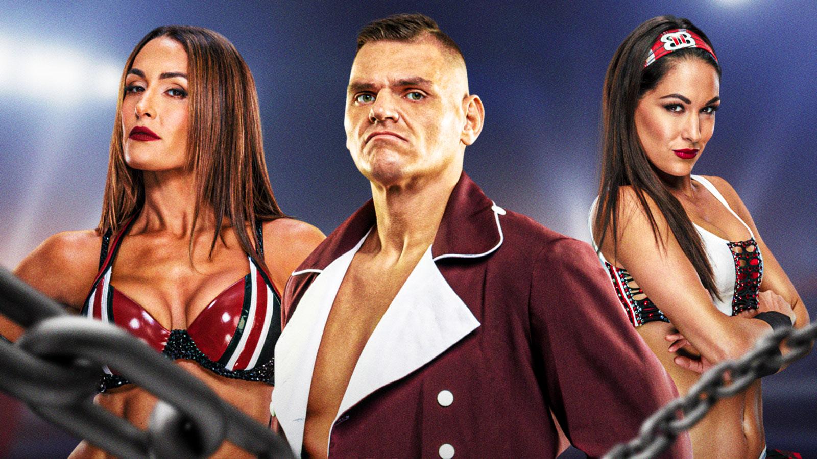 WWE Superstars Nikki and Brie Bella and Gunther in the middle.