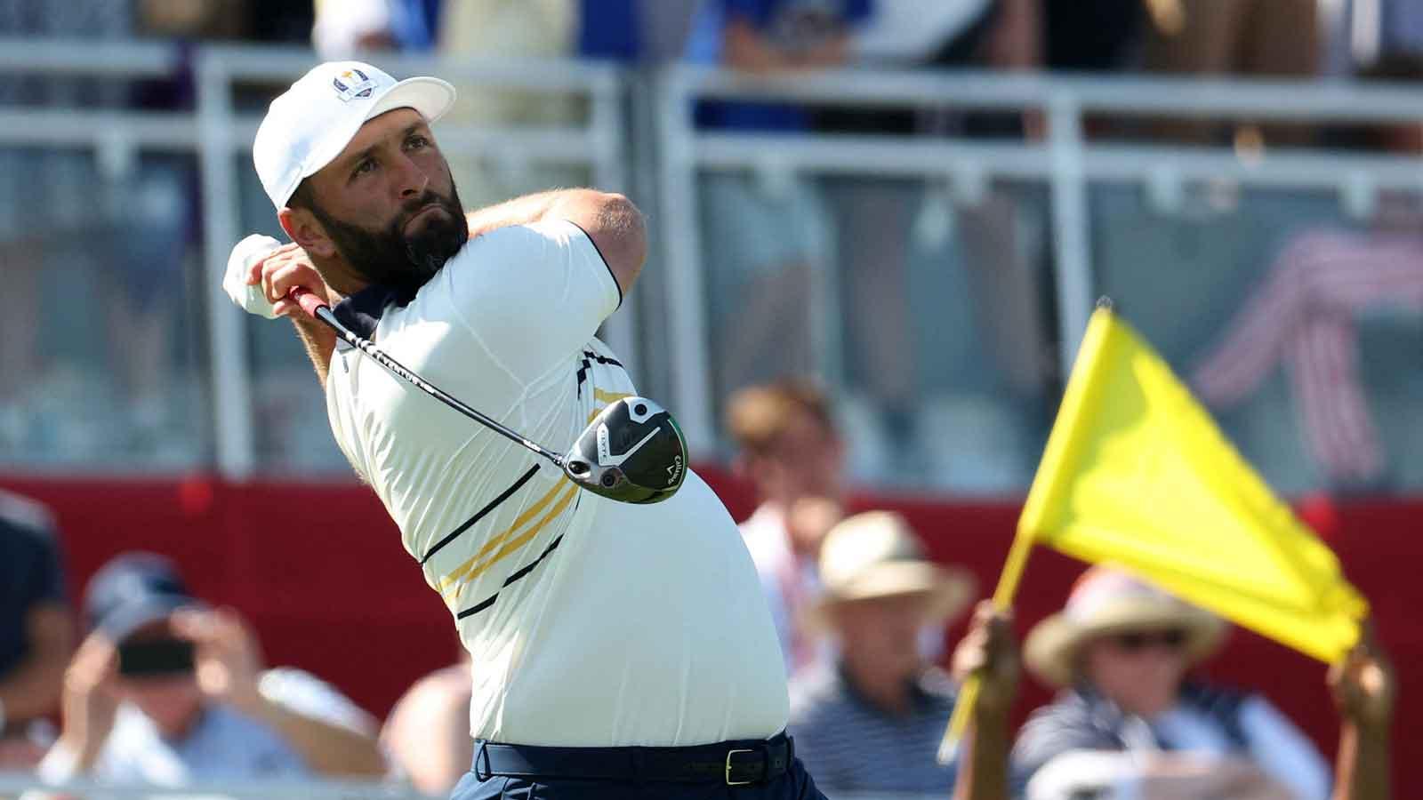 Team Europe's Jon Rahm hits his tee shot on the 1st hole during the singles on the final day of competition for the Ryder Cup at Bethpage Black.