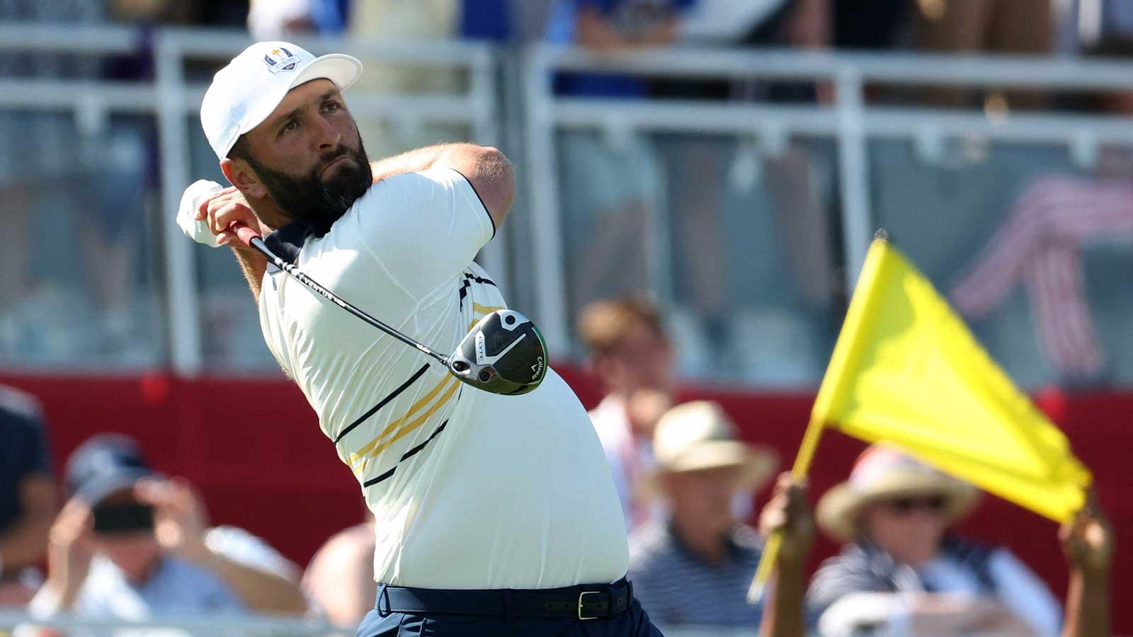 Team Europe's Jon Rahm hits his tee shot on the 1st hole during the singles on the final day of competition for the Ryder Cup at Bethpage Black.