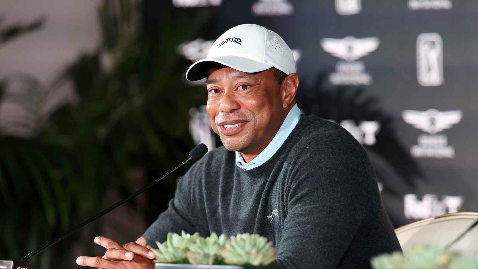 Genesis Invitational tournament host Tiger Woods speaks to the media during a press conference at Riviera Country Club.
